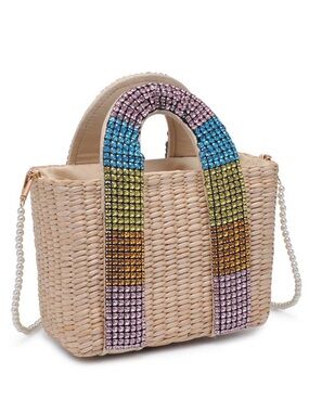 Urban Expressions Beige Woven Tote with Multicolor Crystal Handle